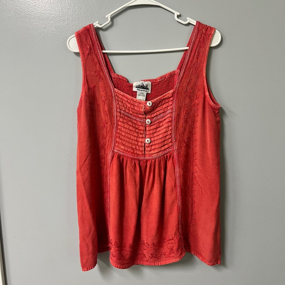 Metropolitan Coral Red Embroidered Pintuck Boho Tank Top Sleeveless Large